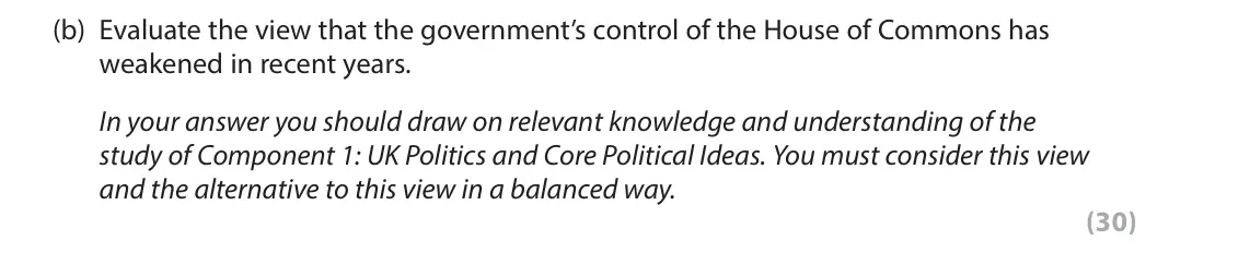 June 2024 Paper 2, question 2(b): Evaluate the view that the government’s control of the House of Commons has weakened in recent years. In your answer you should draw on relevant knowledge and u