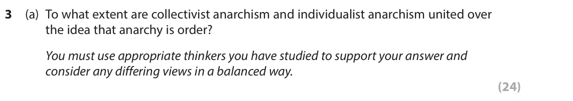June 2024 Paper 2, question 3(a): To what extent are collectivist anarchism and individualist anarchism united over the idea that anarchy is order? You must use appropriate thinkers you have stu