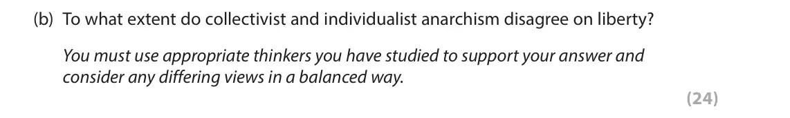 June 2024 Paper 2, question 3(b): To what extent do collectivist and individualist anarchism disagree on liberty? You must use appropriate thinkers you have studied to support your answer and co