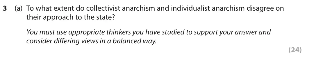 June 2025 Paper 2, question 3(a): To what extent do collectivist anarchism and individualist anarchism disagree on their approach to the state? You must use appropriate thinkers you have studied