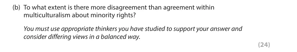 June 2025 Paper 2, question 6(b): To what extent is there more disagreement than agreement within multiculturalism about minority rights? You must use appropriate thinkers you have studied to su
