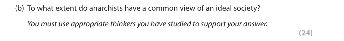 November 2021 Paper 2, question 3(b): To what extent do anarchists have a common view of an ideal society? You must use appropriate thinkers you have studied to support your answer. (24)