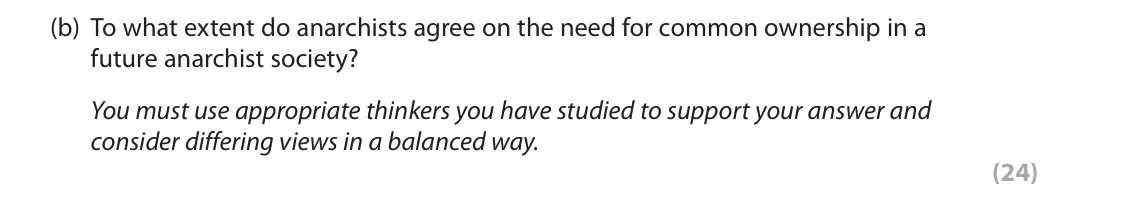 October 2020 Paper 2, question 3(b): To what extent do anarchists agree on the need for common ownership in a future anarchist society? You must use appropriate thinkers you have studied to support