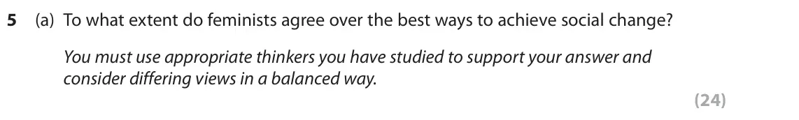 October 2020 Paper 2, question 5(a): To what extent do feminists agree over the best ways to achieve social change? You must use appropriate thinkers you have studied to support your answer and con