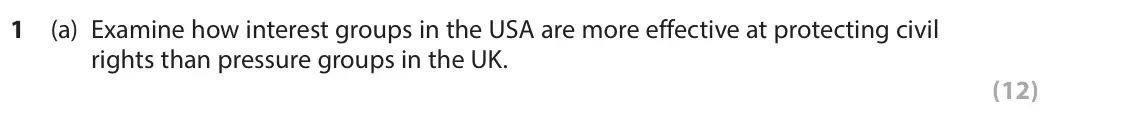 June 2019 Paper 3A, question 1(a): Examine how interest groups in the USA are more effective at protecting civil rights than pressure groups in the UK. (12)