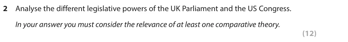 June 2019 Paper 3A, question 2: Analyse the different legislative powers of the UK Parliament and the US Congress. In your answer you must consider the relevance of at least one comparative th