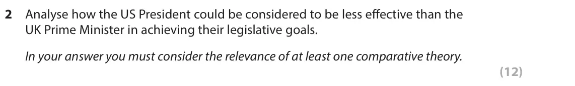 June 2022 Paper 3A, question 2: Analyse how the US President could be considered to be less effective than the UK Prime Minister in achieving their legislative goals. In your answer you must c