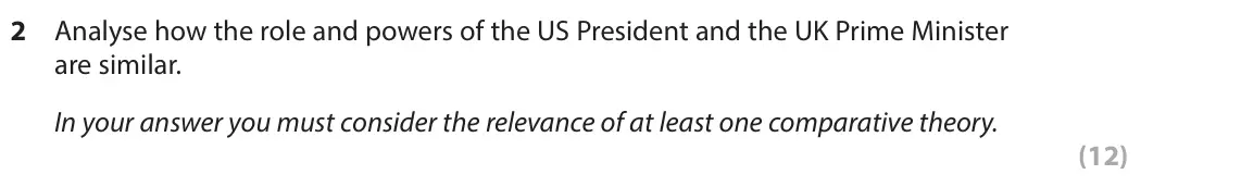 June 2023 Paper 3A, question 2: Analyse how the role and powers of the US President and the UK Prime Minister are similar. In your answer you must consider the relevance of at least one compar