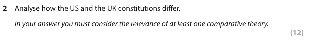 June 2025 Paper 3A, question 2: Analyse how the US and the UK constitutions differ. In your answer you must consider the relevance of at least one comparative theory. (12)