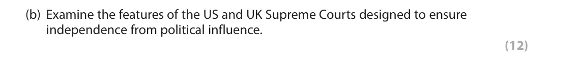 November 2021 Paper 3A, question 1(b): Examine the features of the US and UK Supreme Courts designed to ensure independence from political influence. (12)
