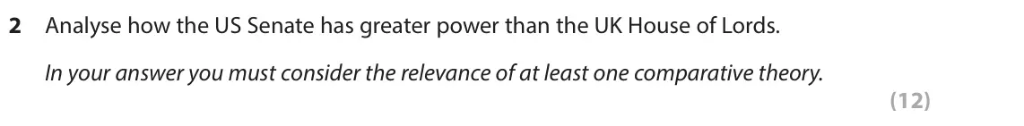 November 2021 Paper 3A, question 2: Analyse how the US Senate has greater power than the UK House of Lords. In your answer you must consider the relevance of at least one comparative theory. (12)