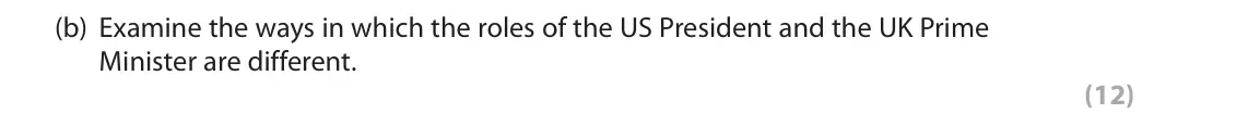 October 2020 Paper 3A, question 1(b): Examine the ways in which the roles of the US President and the UK Prime Minister are different. (12)