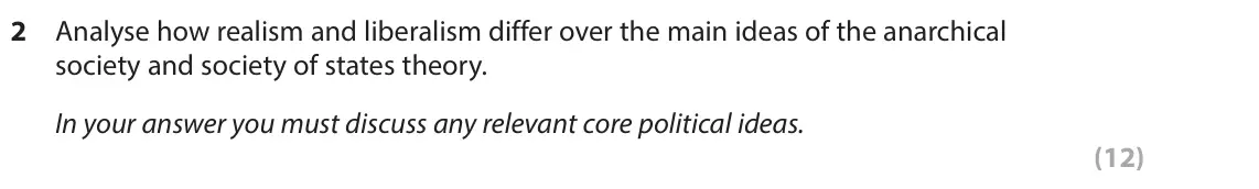 June 2024 Paper 3B, question 2: Analyse how realism and liberalism differ over the main ideas of the anarchical society and society of states theory. In your answer you must discuss any releva