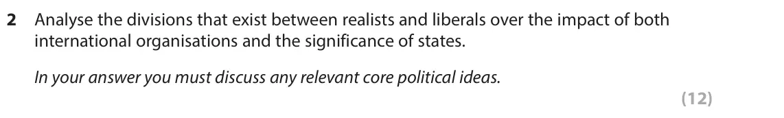 November 2021 Paper 3B, question 2: Analyse the divisions that exist between realists and liberals over the impact of both international organisations and the significance of states. In your answe