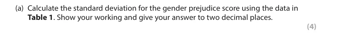 June 2023 Paper 1, question 2(a): Calculate the standard deviation for the gender prejudice score using the data in Table 1. Show your working and give your answer to two decimal places. (4) 2 J