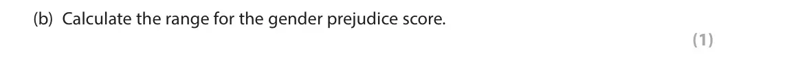 June 2023 Paper 1, question 2(b): Calculate the range for the gender prejudice score. (1) 2 Jack wanted to investigate whether males were prejudiced towards females who worked in stereotypical m