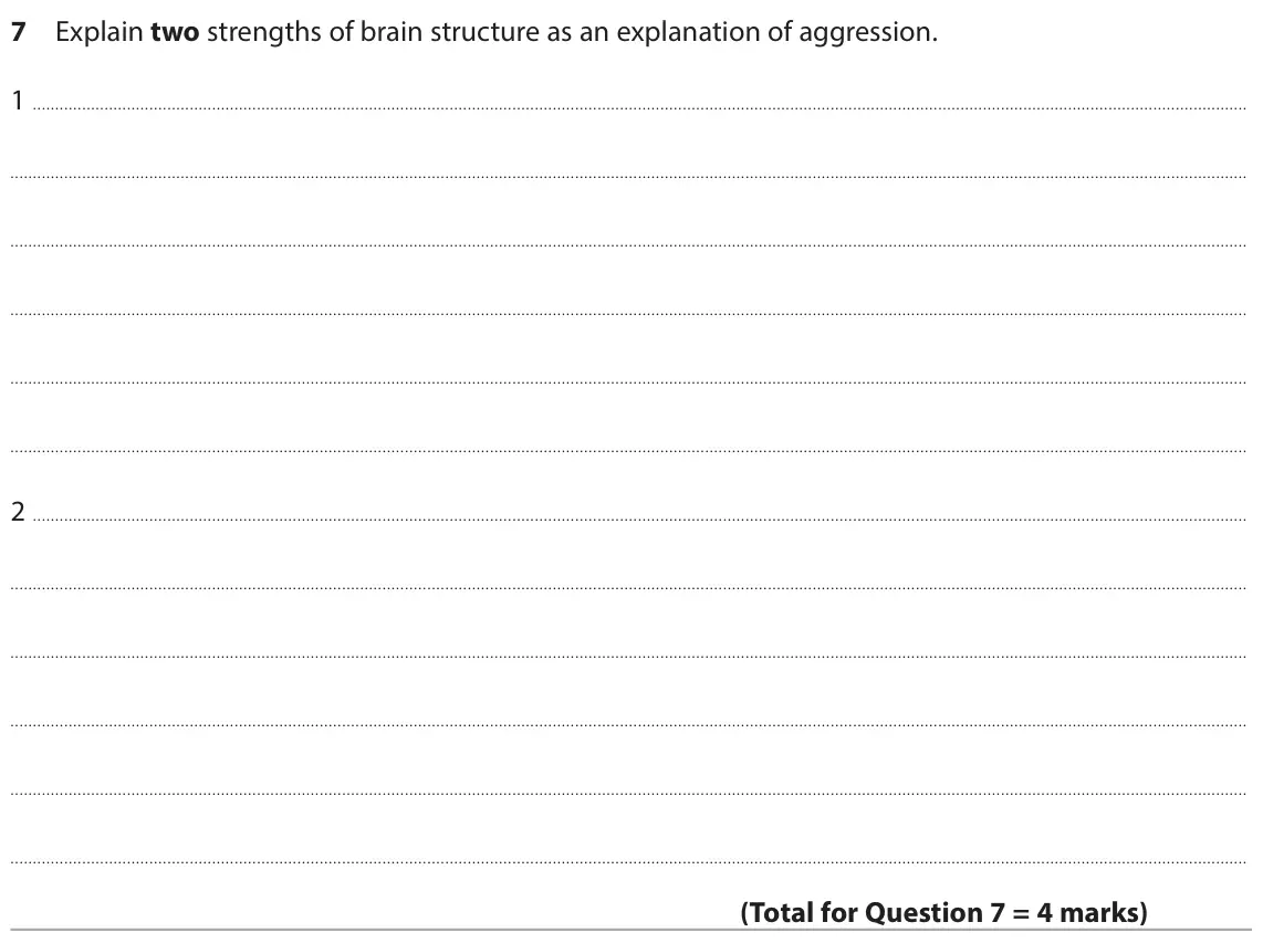 June 2023 Paper 1, question 7: Explain two strengths of brain structure as an explanation of aggression. 1 2