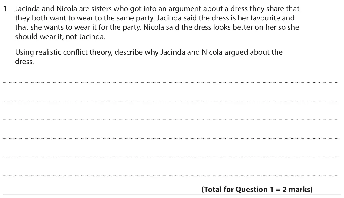 June 2024 Paper 1, question 1: Jacinda and Nicola are sisters who got into an argument about a dress they share that they both want to wear to the same party. Jacinda said the dress is her fa