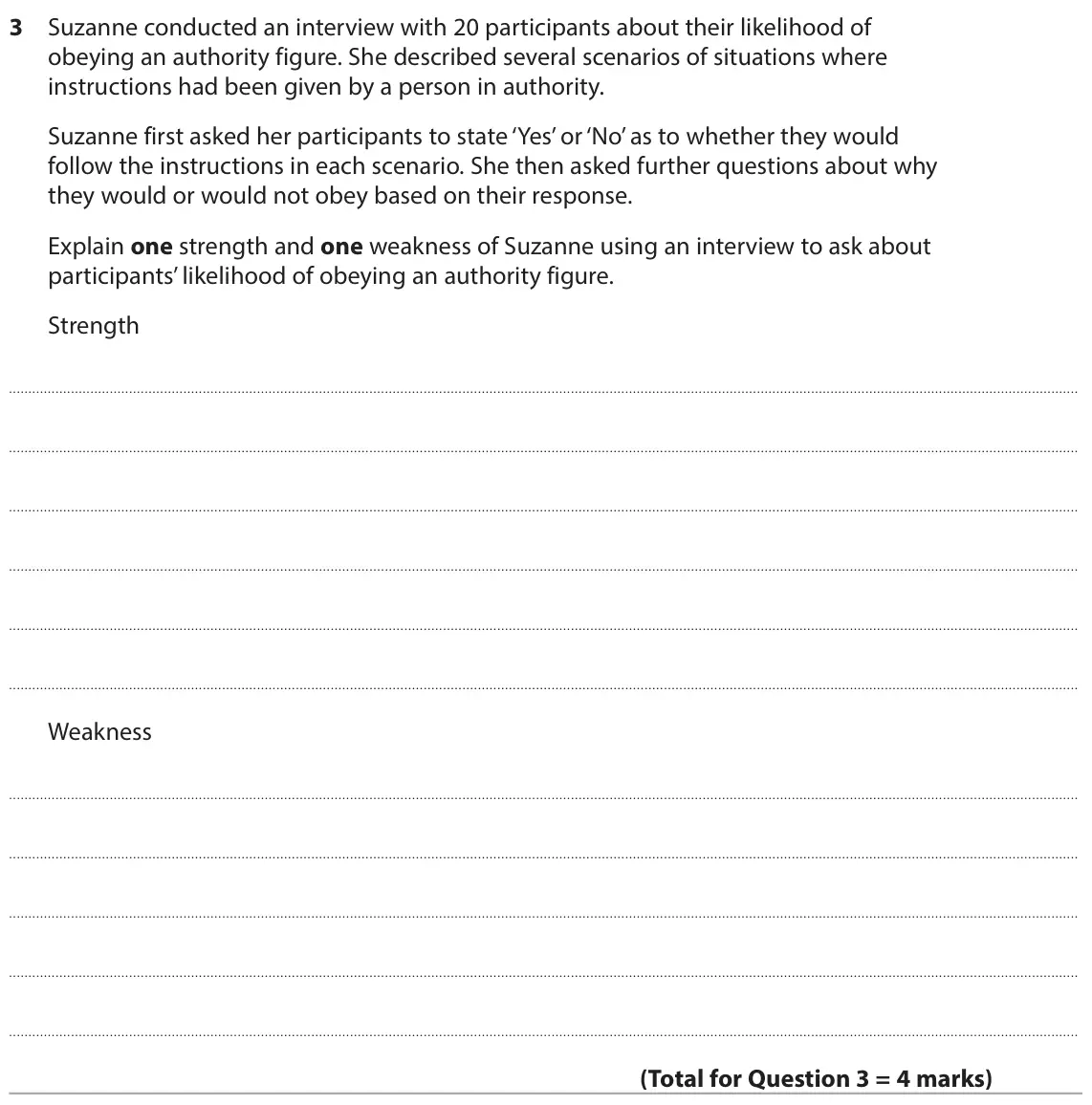 June 2024 Paper 1, question 3: Suzanne conducted an interview with 20 participants about their likelihood of obeying an authority figure. She described several scenarios of situations where i