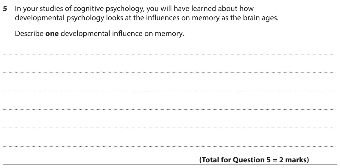 June 2024 Paper 1, question 5: In your studies of cognitive psychology, you will have learned about how developmental psychology looks at the influences on memory as the brain ages. Describe 