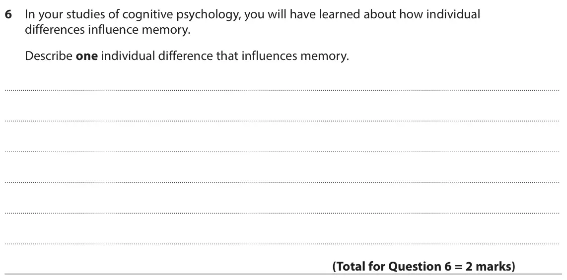 June 2024 Paper 1, question 6: In your studies of cognitive psychology, you will have learned about how individual differences influence memory. Describe one individual difference that influe