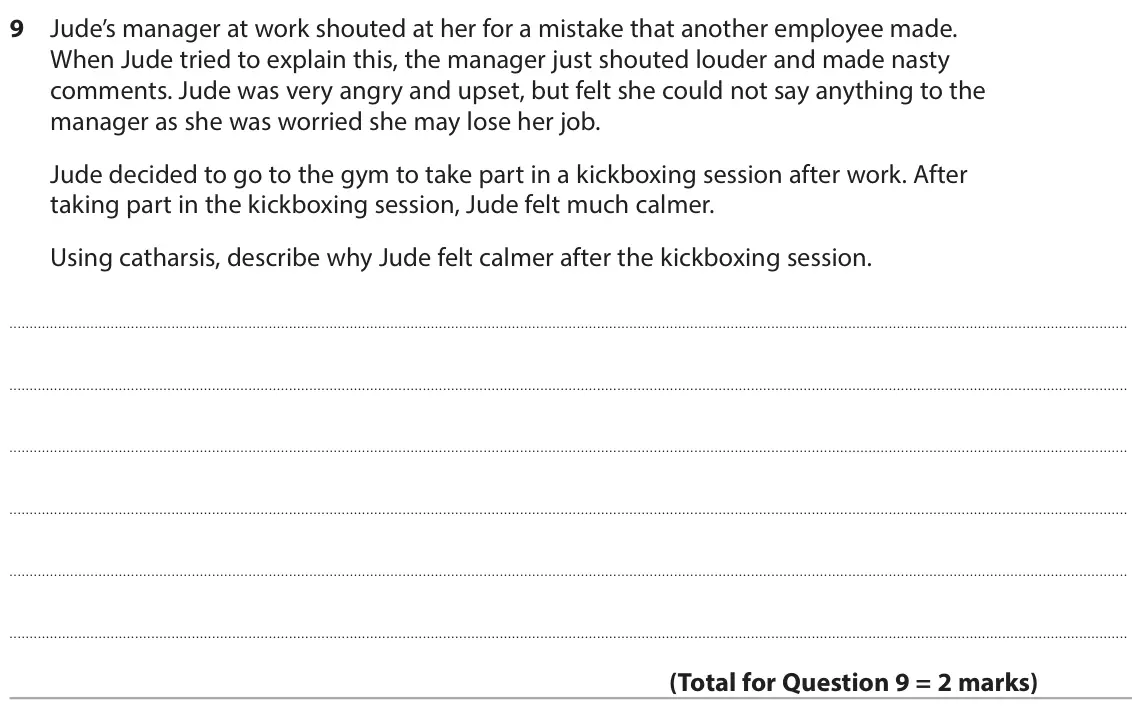 June 2024 Paper 1, question 9: Jude’s manager at work shouted at her for a mistake that another employee made. When Jude tried to explain this, the manager just shouted louder and made nasty