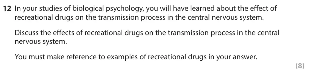 June 2024 Paper 1, question 12: In your studies of biological psychology, you will have learned about the effect of recreational drugs on the transmission process in the central nervous system