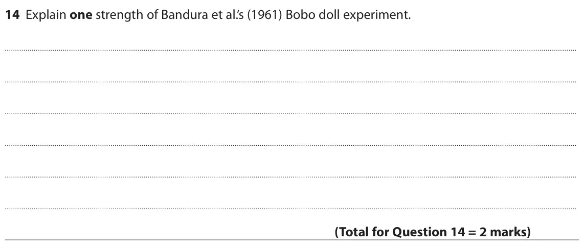 June 2024 Paper 1, question 14: Explain one strength of Bandura et al.’s (1961) Bobo doll experiment.