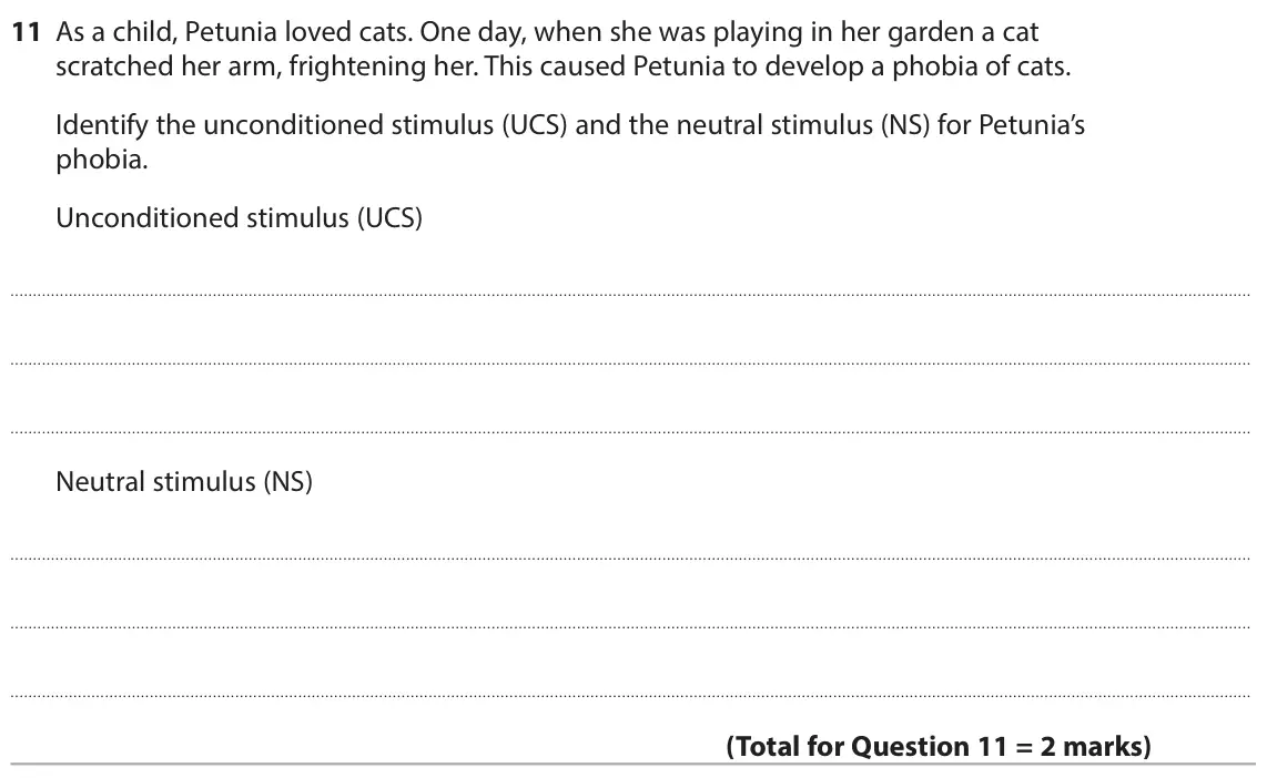 June 2025 Paper 1, question 11: As a child, Petunia loved cats. One day, when she was playing in her garden a cat scratched her arm, frightening her. This caused Petunia to develop a phobia of