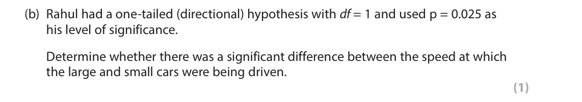 June 2025 Paper 1, question 13(b): Rahul had a one-tailed (directional) hypothesis with df = 1 and used p = 0.025 as his level of significance. Determine whether there was a significant differenc