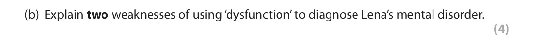 June 2022 Paper 2, question 1(b): Explain two weaknesses of using ‘dysfunction’ to diagnose Lena’s mental disorder. (4) 1 Lena cannot go to work due to her anxiety. She has also stopped going ou