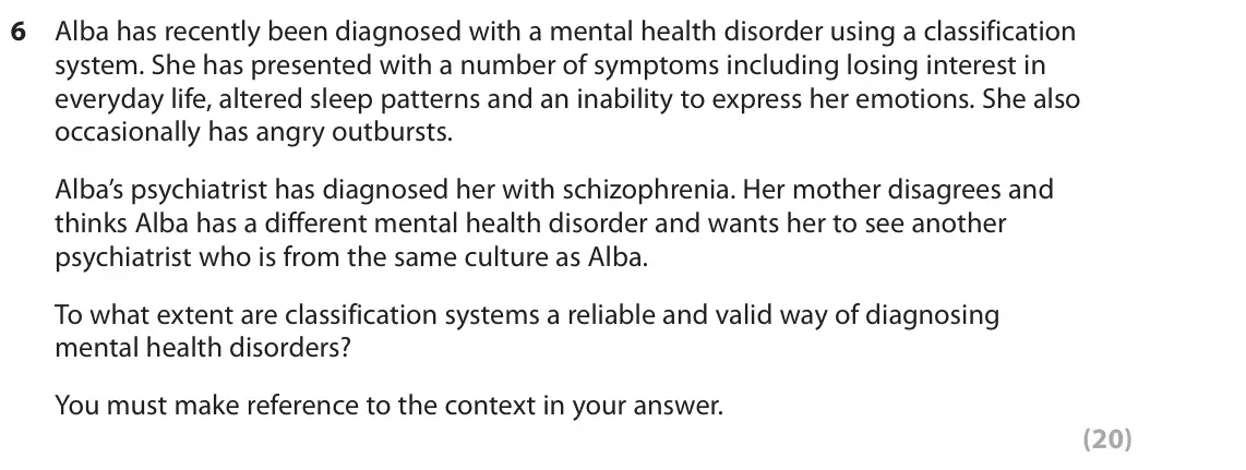 June 2022 Paper 2, question 6: Alba has recently been diagnosed with a mental health disorder using a classification system. She has presented with a number of symptoms including losing inter