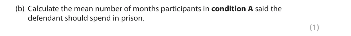 June 2022 Paper 2, question 7(b): Calculate the mean number of months participants in condition A said the defendant should spend in prison. (1) 7 Alexei conducted an investigation into whether