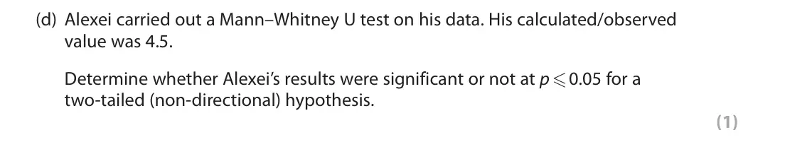 June 2022 Paper 2, question 11(d): Alexei carried out a Mann–Whitney U test on his data. His calculated/observed value was 4.5. Determine whether Alexei’s results were significant or not at p 0