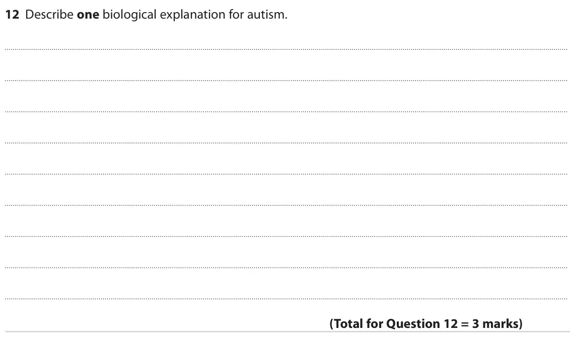 June 2022 Paper 2, question 12: Describe one biological explanation for autism.