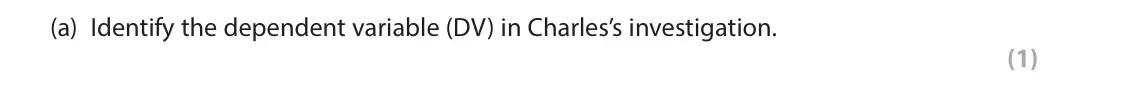 June 2023 Paper 2, question 2(a): Identify the dependent variable (DV) in Charles’s investigation. (1) 2 Charles conducted an investigation to see whether therapy delivered online was as effecti