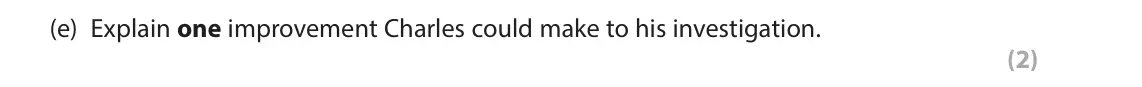 June 2023 Paper 2, question 2(e): Explain one improvement Charles could make to his investigation. (2) 2 Charles conducted an investigation to see whether therapy delivered online was as effecti