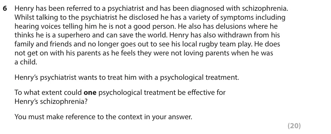June 2023 Paper 2, question 6: Henry has been referred to a psychiatrist and has been diagnosed with schizophrenia. Whilst talking to the psychiatrist he disclosed he has a variety of symptom