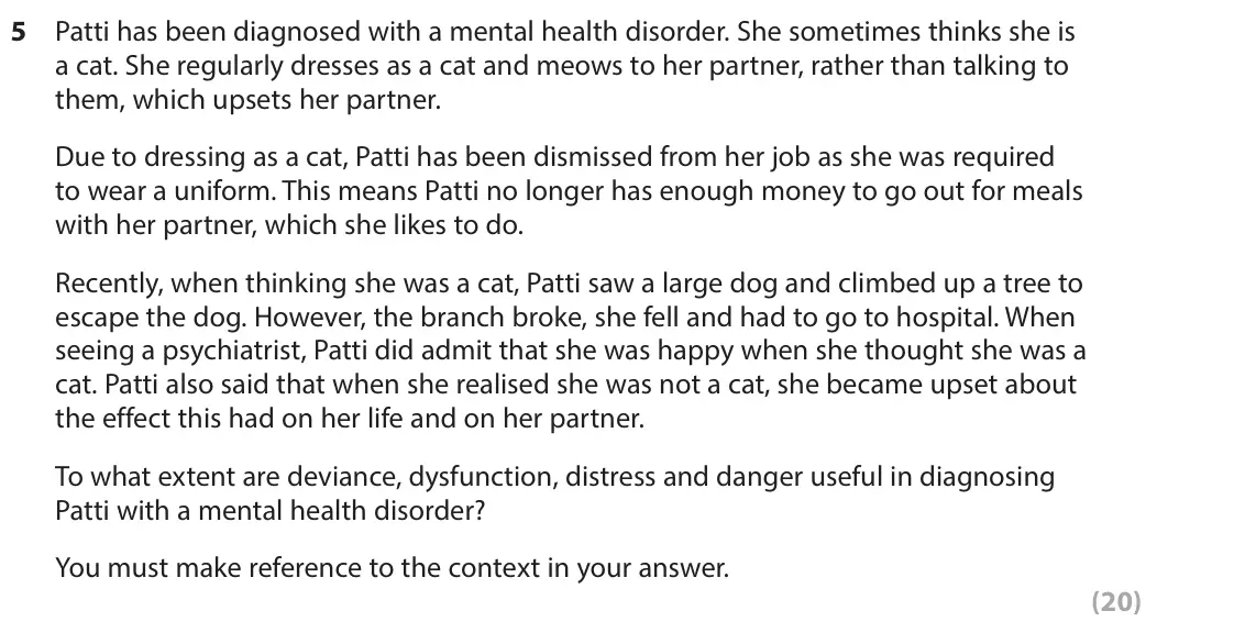 June 2024 Paper 2, question 5: Patti has been diagnosed with a mental health disorder. She sometimes thinks she is a cat. She regularly dresses as a cat and meows to her partner, rather than