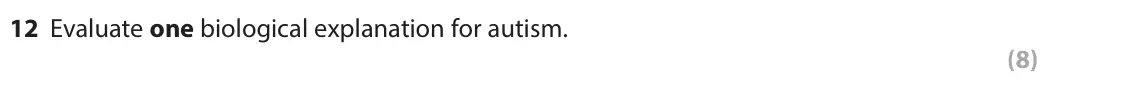 June 2024 Paper 2, question 12: Evaluate one biological explanation for autism. (8)