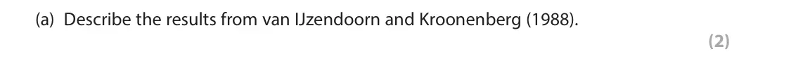 June 2025 Paper 2, question 10(a): Describe the results from van IJzendoorn and Kroonenberg (1988). (2) 10 In your studies of child psychology you will have learned about the classic study by van