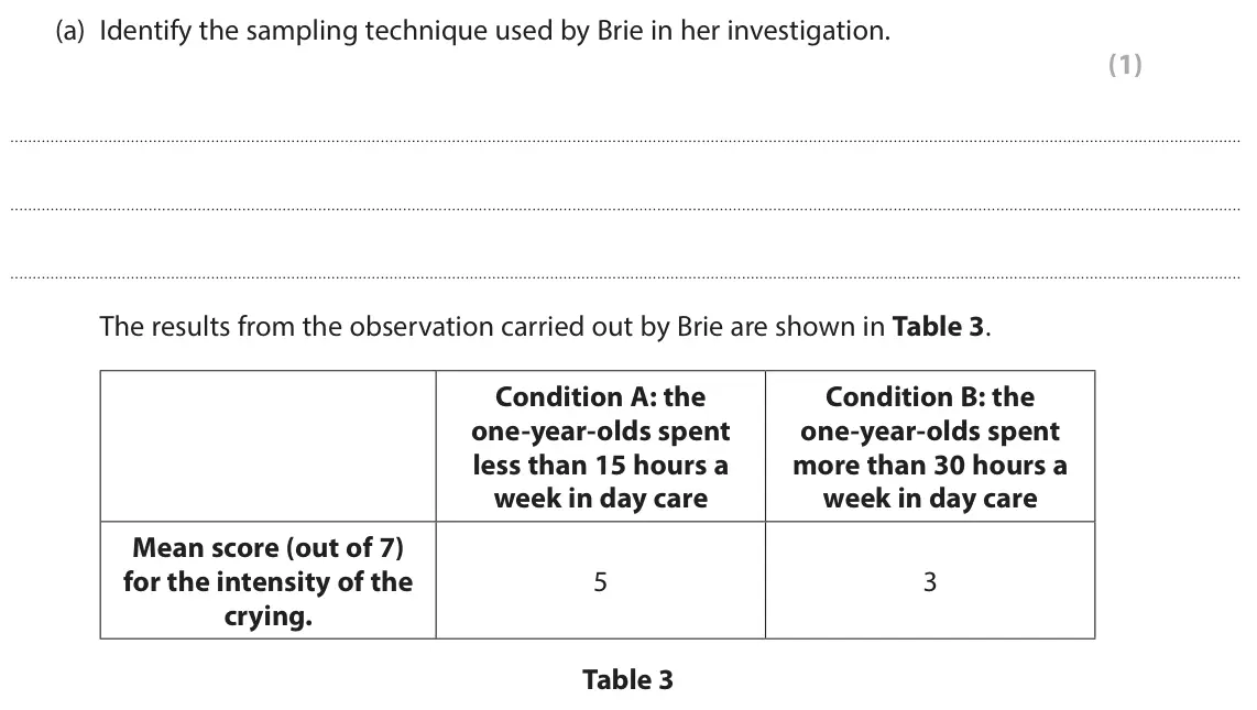 October 2020 Paper 2, question 12(a): Identify the sampling technique used by Brie in her investigation. (1) The results from the observation carried out by Brie are shown in Table 3. Condition A: t