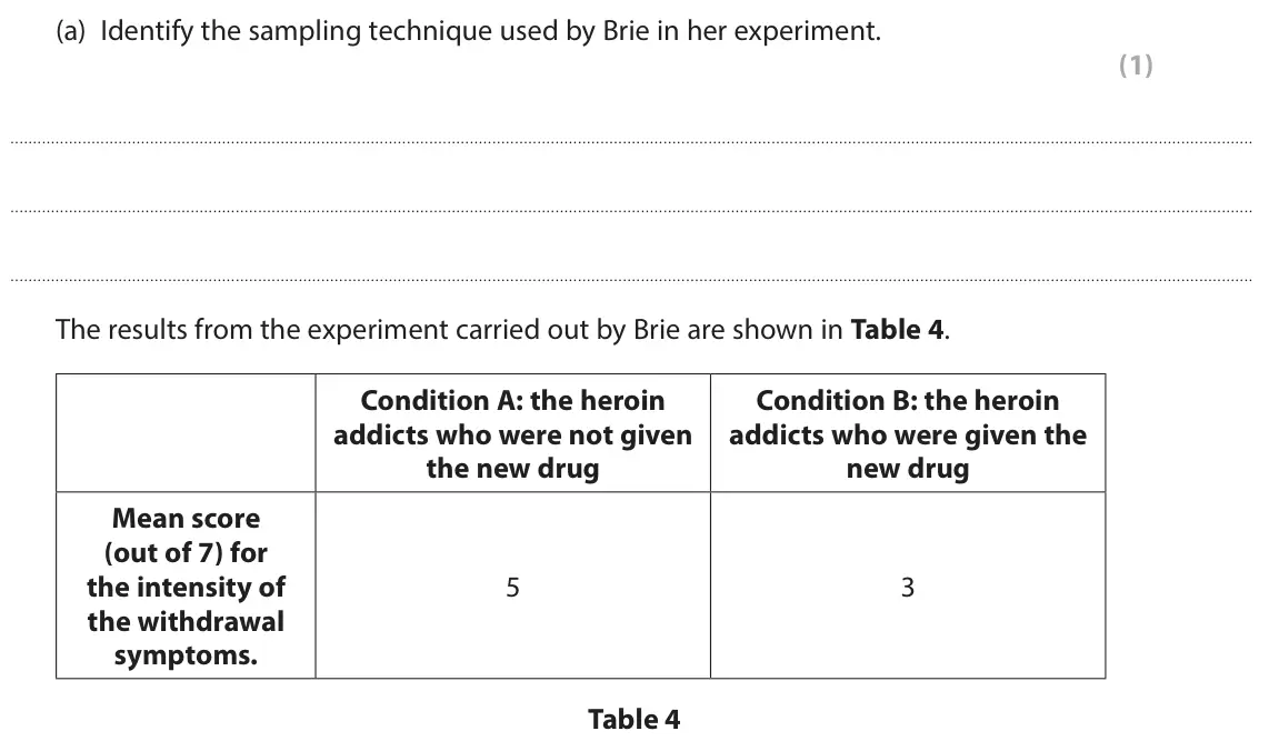 October 2020 Paper 2, question 16(a): Identify the sampling technique used by Brie in her experiment. (1) The results from the experiment carried out by Brie are shown in Table 4. Condition A: the h