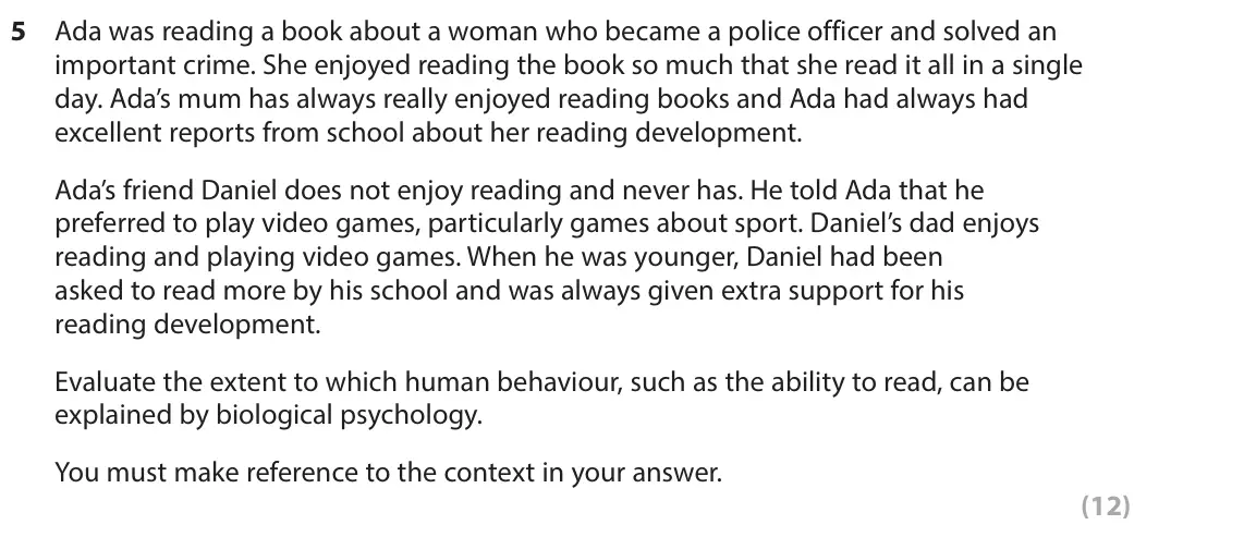June 2023 Paper 3, question 5: Ada was reading a book about a woman who became a police officer and solved an important crime. She enjoyed reading the book so much that she read it all in a s