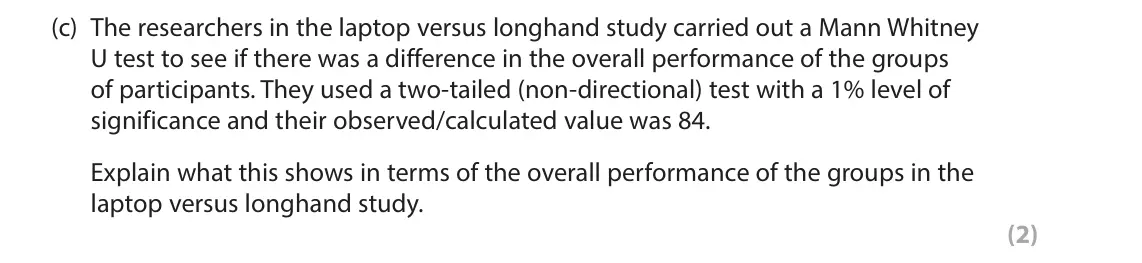 June 2024 Paper 3, question 2(c): The researchers in the laptop versus longhand study carried out a Mann Whitney U test to see if there was a difference in the overall performance of the groups