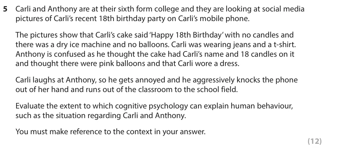 June 2024 Paper 3, question 5: Carli and Anthony are at their sixth form college and they are looking at social media pictures of Carli’s recent 18th birthday party on Carli’s mobile phone. T