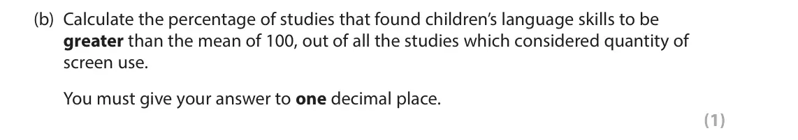 June 2025 Paper 3, question 1(b): Calculate the percentage of studies that found children’s language skills to be greater than the mean of 100, out of all the studies which considered quantity o