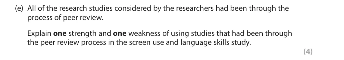 June 2025 Paper 3, question 1(e): All of the research studies considered by the researchers had been through the process of peer review. Explain one strength and one weakness of using studies th