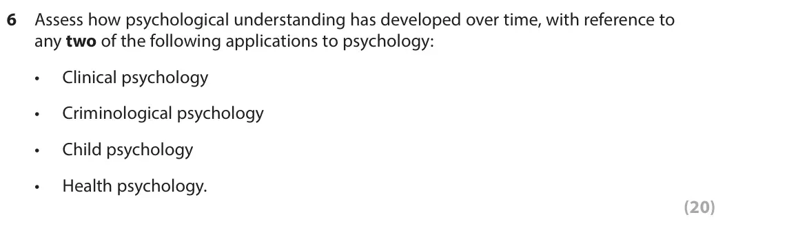 June 2025 Paper 3, question 6: Assess how psychological understanding has developed over time, with reference to any two of the following applications to psychology: • Clinical psychology • C