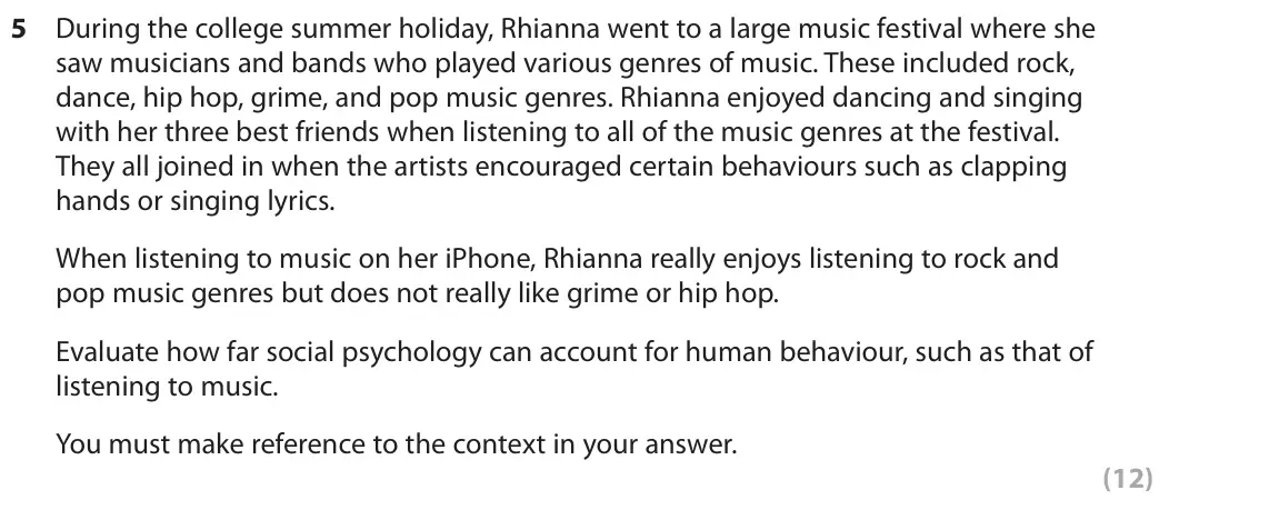 November 2021 Paper 3, question 5: During the college summer holiday, Rhianna went to a large music festival where she saw musicians and bands who played various genres of music. These included r